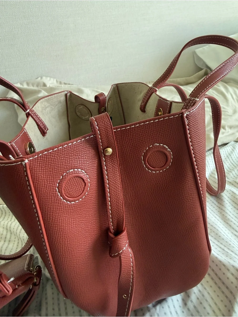 Polene Cyme Mini Red Clay Leather Tote Bag